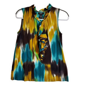 Alfani Petite Small Tank Top Blouse Blue Green Hidden Zipper Ruffle Front Mock